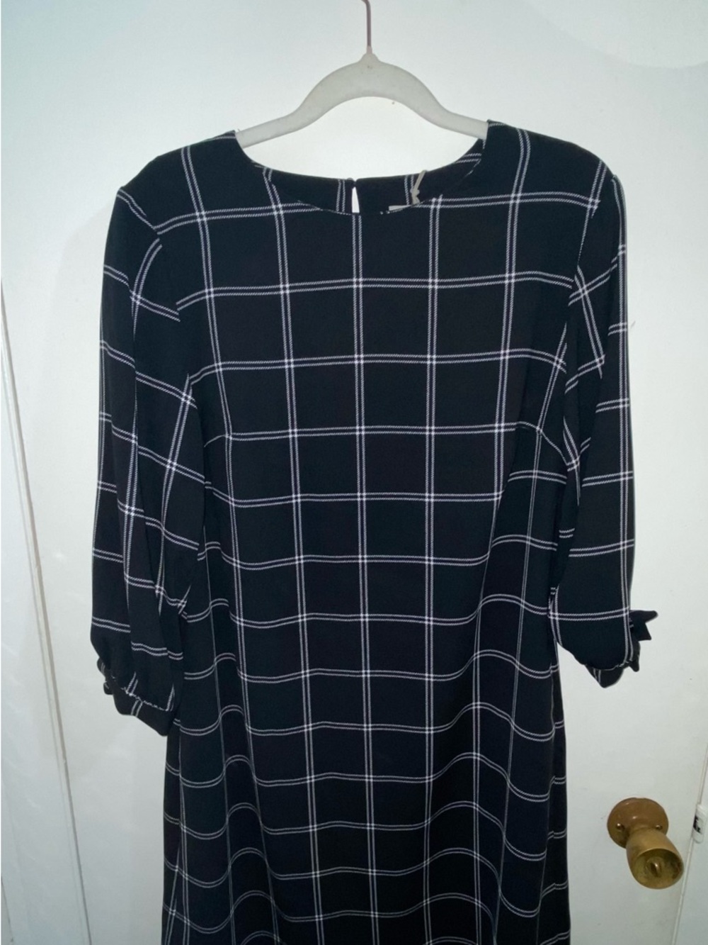 Windowpane Check Black Dress with Three-Quarter Sleeves NWT